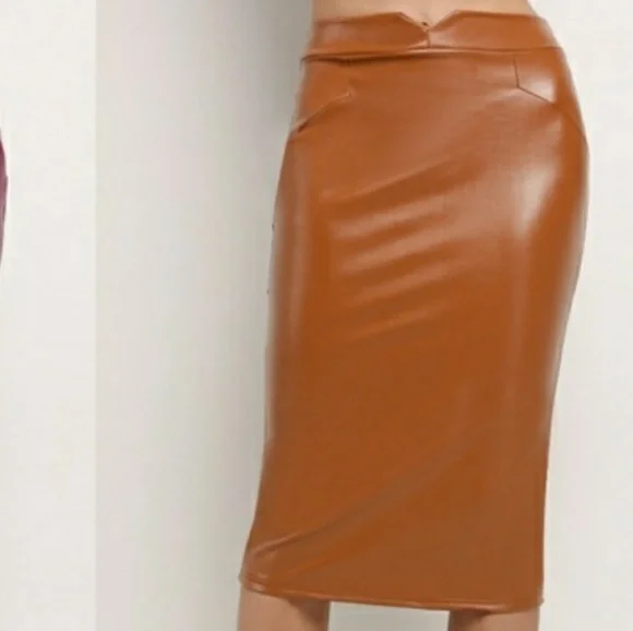 Vegan Leather Pencil Skirt (coffee) - Picture 4 of 13
